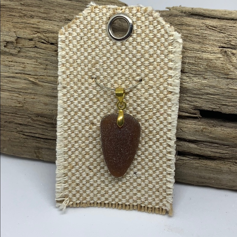 Genuine brown sea glass pendant golden pinch bail